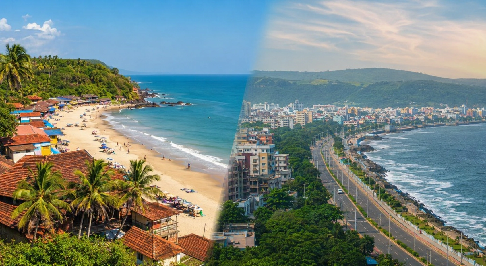 Scenic split landscape featuring Goa beach coastline and Visakhapatnam city shoreline used to represent the visual atmosphere of the Telugu film Sugriva.